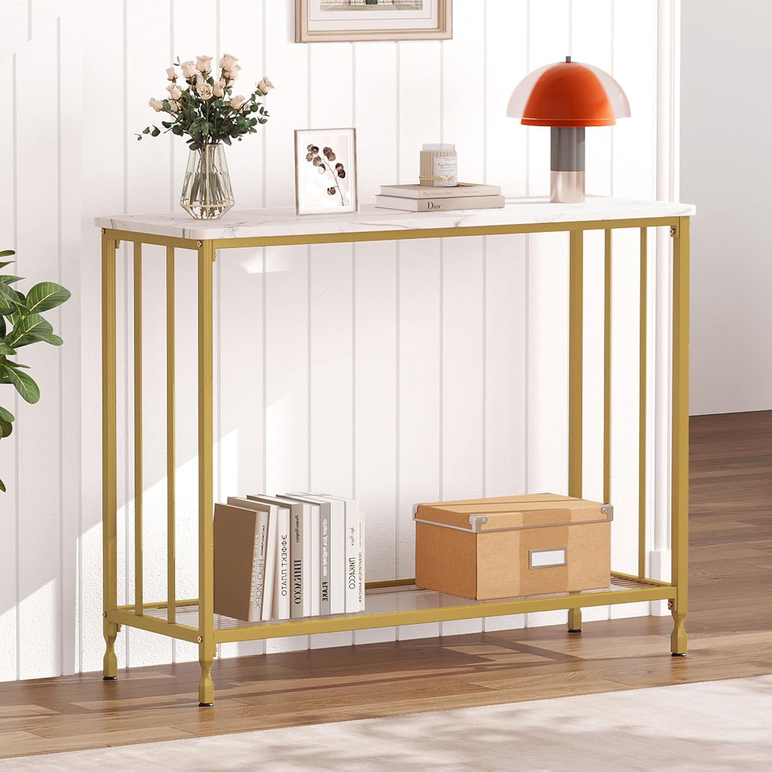 33.5"x11.8"x31.9" Narrow Console Table, Small Entryway Table with Glass Shelf and Metal Frame, Sofa Table Narrow Long Behind Couch Table