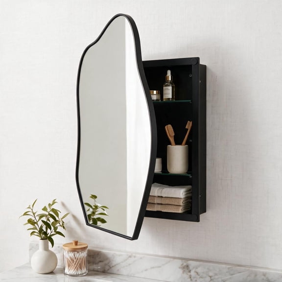 33.5"x22" Irregular Cloud-shaped Surface Mount Mirror Cabinet, Metal Frame Bathroom Medicine Cabinet with Adjustable Glass Shelves, Decorative Storage Mirror for Bathroom, Bedroom, Matte Black