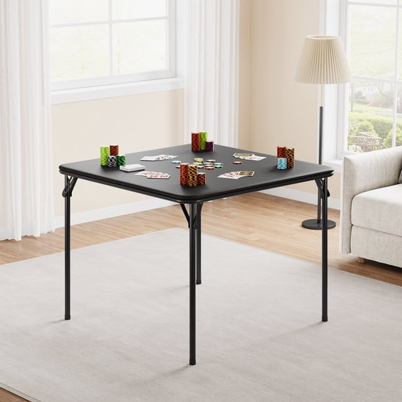 33.6 in Folding Card Table, Portable Square Folding Table with PU Leather Soft Cushion, Foldable Table Suitable for Dining Room, Living Room, Office, Camping, Black (No Chairs)