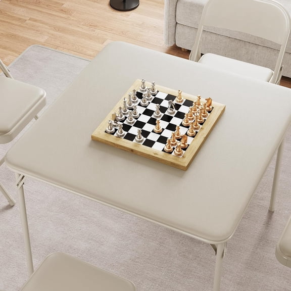 33.6'' Folding Square Card Table with PU Leather Surface, Portable Foldable Puzzle Game Table for Dining Room Living Room Office Camping Beige
