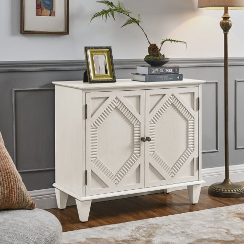 33.6 Inch Retro Wooden Sideboard Buffet Cabinet Antique White Geometric Accent Storage Console Table Adjustable Shelf for Living Room Entryway Dining Room Kitchen Solid Wood MDF