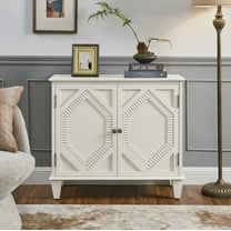 33.6" Retro Wooden Sideboard Buffet Cabinet with Storage, Geometric Accent Display Cabinets with Adjustable Shelf, Media Console Credenza for Living Room/Entryway/Dining Room/Kitchen, White