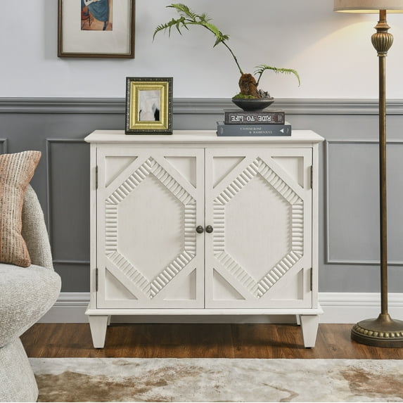 33.6" Retro Wooden Sideboard Buffet Cabinet with Storage, Geometric Accent Display Cabinets with Adjustable Shelf, Media Console Credenza for Living Room/Entryway/Dining Room/Kitchen, White