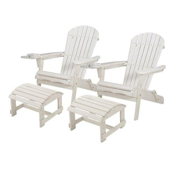 33.75 x 33 x 27.75 in. 2 Foldable Adirondack Chair with Cup Holder with Ottoman, White