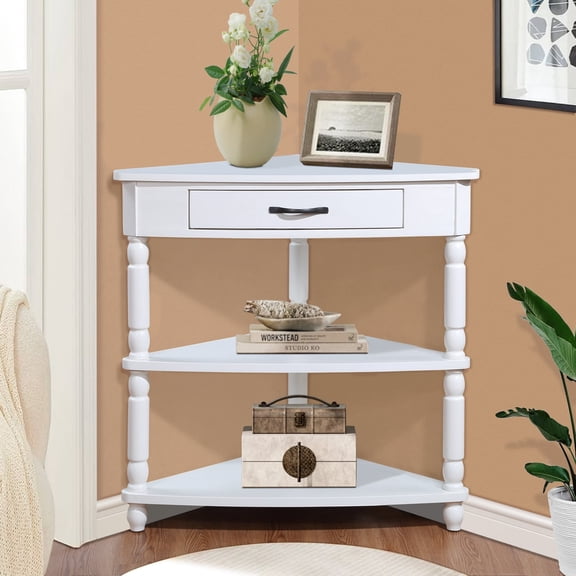 33.8" Corner Side Table, 3-Tier Triangle End Table with Solid Wood Legs for Small Spaces, Living Room
