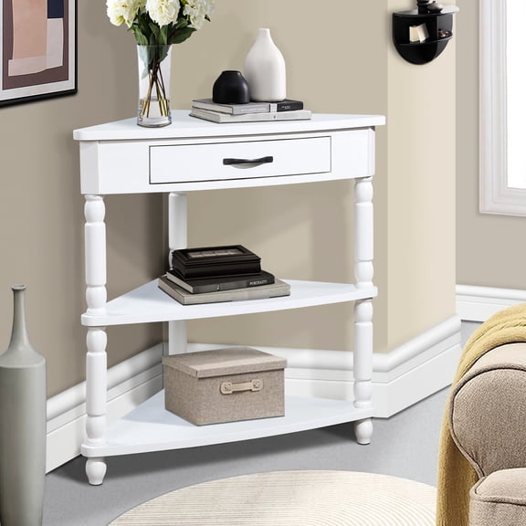 33.8'' Small Triangle Corner Table With Solid Wood Legs For Spaces - Milk White 3 Tier End Living Room, Bedroom, Bathroom, Corridor, Balcony Easy Assembly Table, 33.8'', Long-lasting Support