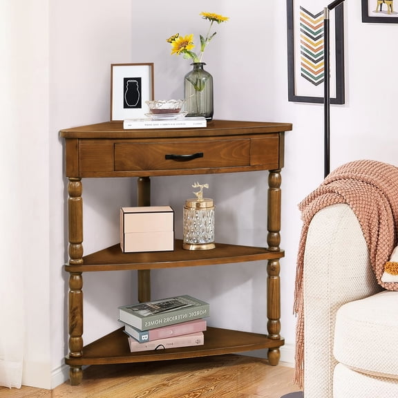 33.8'' Triangle Side Table With 3 , Solid Wood Legs, Clay Brown Tier Corner Table, For Hallway