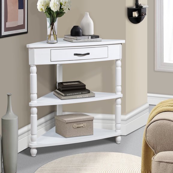 33.8" Triangular Light Espresso wood Corner Side Table,3 Tier End Corner Table with Solid Legs for Living Room, Bedroom