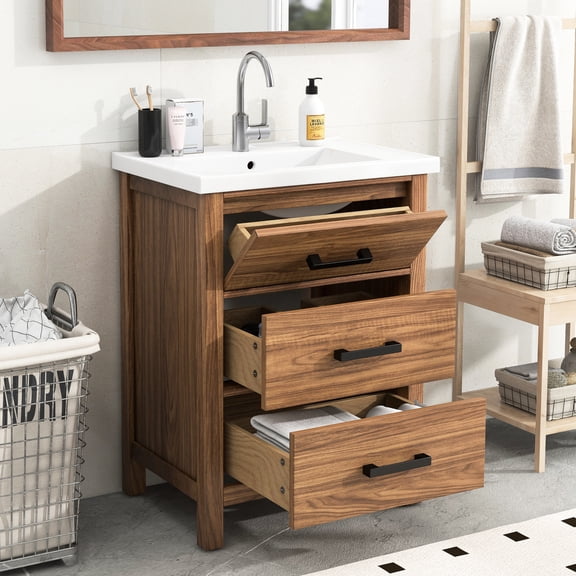 33.8-inch Height, Vintage Style - Tip-out Drawer for Small Items - Small Bathroom - Warm and Adaptable Decor