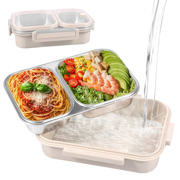 33.82oz Large Bento Box Adult Lunch Box, Stainless Steel Food Storage Container with 2 Divider Leakproof Meal Box with Lid Dishwasher Safe for Adult(Beige)