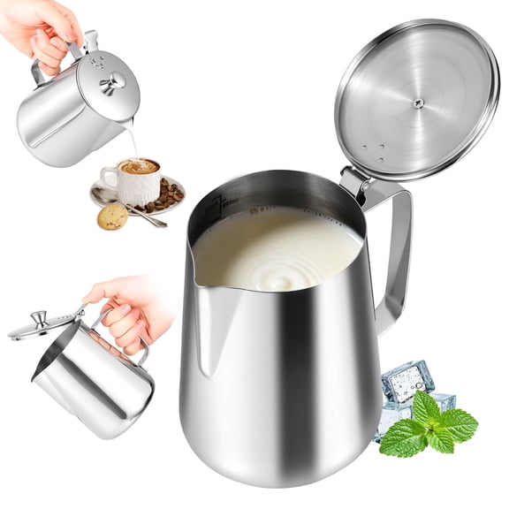 33.82oz Stainless Steel Measuring Cup With Lid Milk Frother Cup Steaming Pitcher Milk Frothing Pitcher for Milk and Latte Art Metal Water Pitcher with Handle Milk Frothing Jug