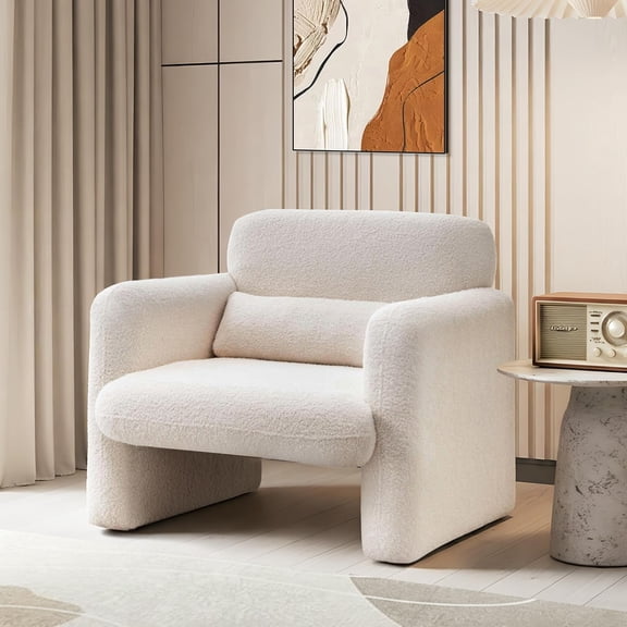 33.86" Accent Chairs, Modern Sherpa Fabric Armed Chair Comfy Upholstered Armchair Leisure Single Sofa Chair with a Waist Pillow for Bedroom, Office and Living Room