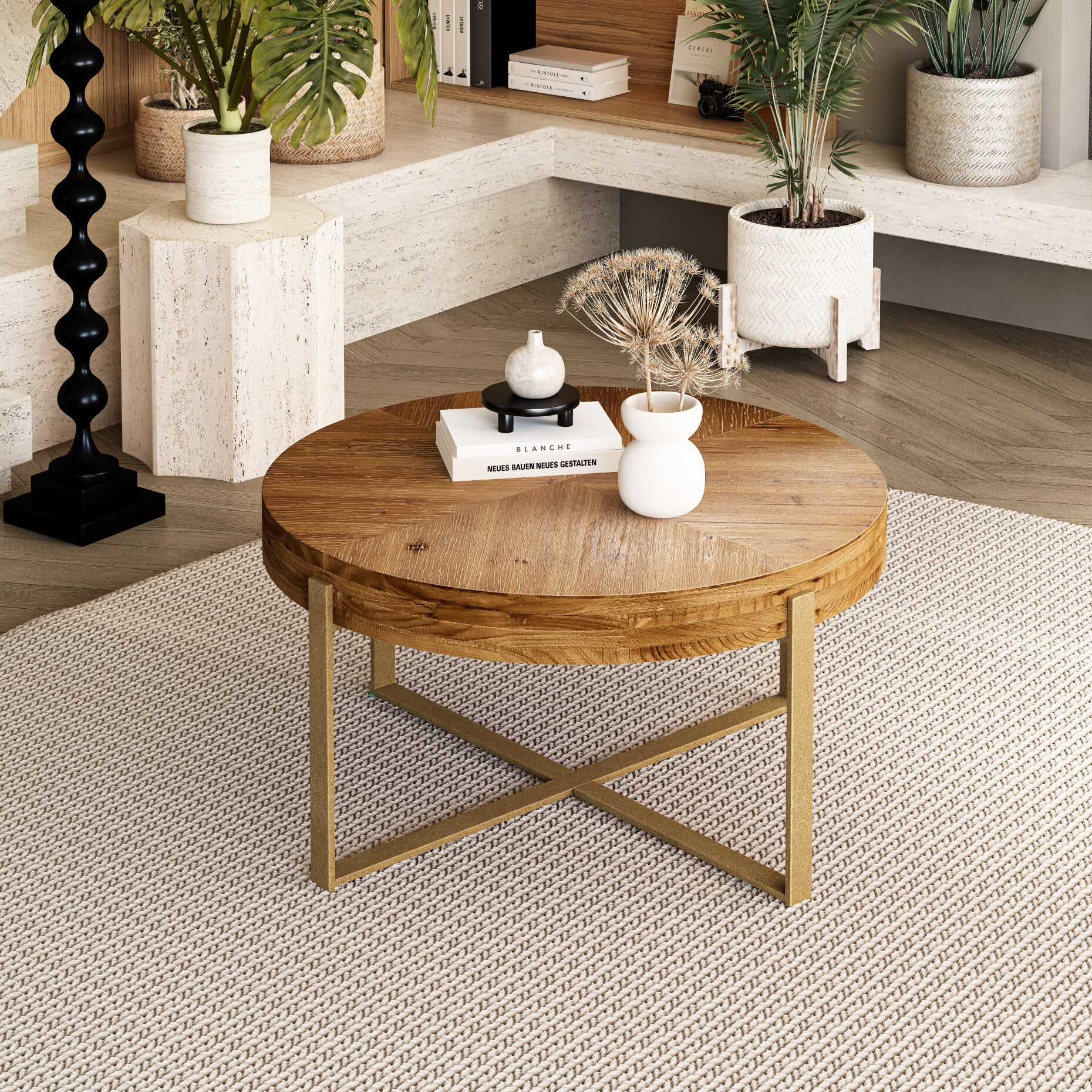 33.86" Coffee Tables, Retro Splicing Round Living Room Table, Fir Wood Round Table Top Tea Table ...