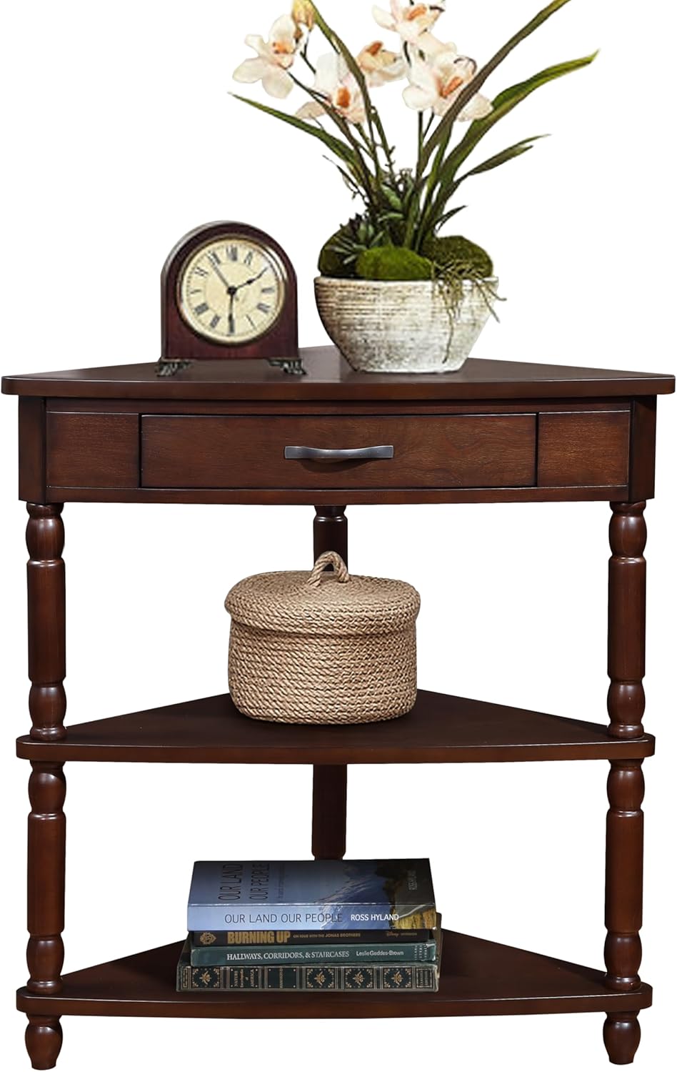 33.86'' Corner Table, 3 Tier Storage Space with Drawer, Solid Wood End ...