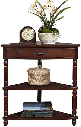 33.86'' Corner Table, 3 Tier Storage Space with Drawer, Solid Wood End ...