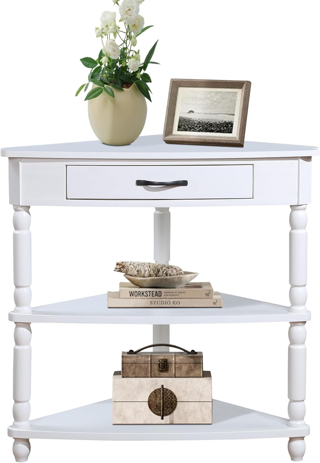 33.86'' Corner Table,3 Tier Storage Space with Drawer, Solid Wood End ...