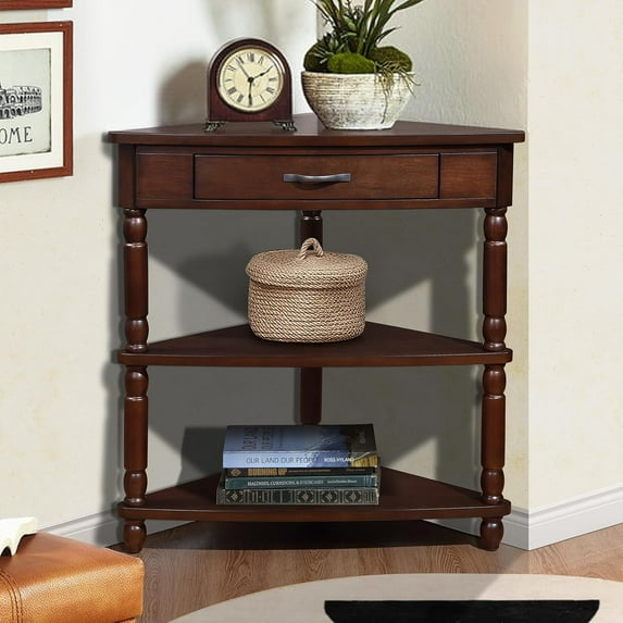 33.86" Corner Table, Wood 3 Tier Triangle Side Table Corner Shelf Stand with Solid Wood Legs 1 Drawer & 2 Storage Shelves for Living Room Small Space (Light Espresso)