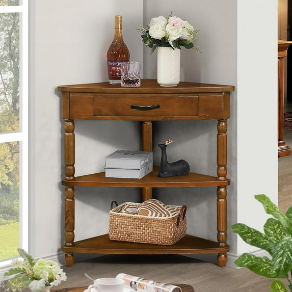 33.86" Corner Table, Wood 3 Tier Triangle Side Table Corner Shelf Stand with Solid Wood Legs 1 Drawer & 2 Storage Shelves for Living Room Small Space (Light Espresso)