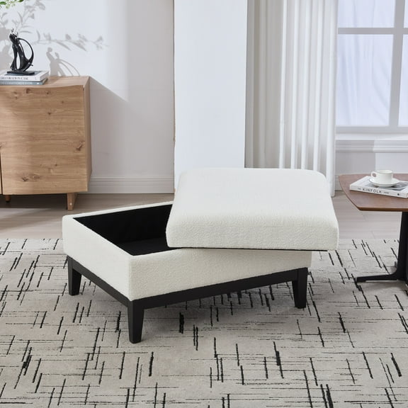 33.86 Inch Upholstered Storage Ottoman Coffee Table with Reversible Lid, Rubberwood Legs, Easy Assembly Footrest Stool for Living Room Entryway Office, Ivory