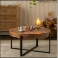 thumbnail image 1 of 33.86"Modern Retro Splicing Round Coffee Table, Fir Wood Table Top with Black Cross Legs Base, 1 of 12