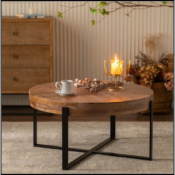 33.86"Modern Retro Splicing Round Coffee Table, Fir Wood Table Top with Black Cross Legs Base