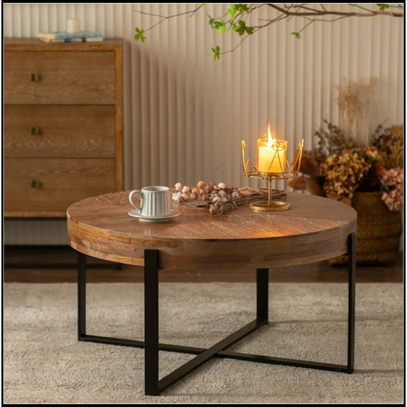 33.86"Modern Retro Splicing Round Coffee Table, Fir Wood Table Top with Black Cross Legs Base