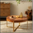 thumbnail image 1 of 33.86"Modern Retro Splicing Round Coffee Table,Fir Wood Table Top with Gold Cross Legs Base(Same SKU:W757127348), 1 of 15