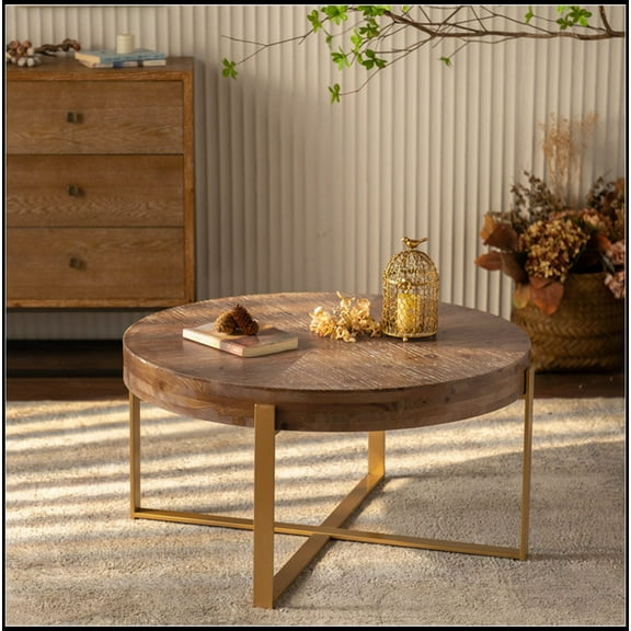 33.86"Modern Retro Splicing Round Coffee Table,Fir Wood Table Top with Gold Cross Legs Base