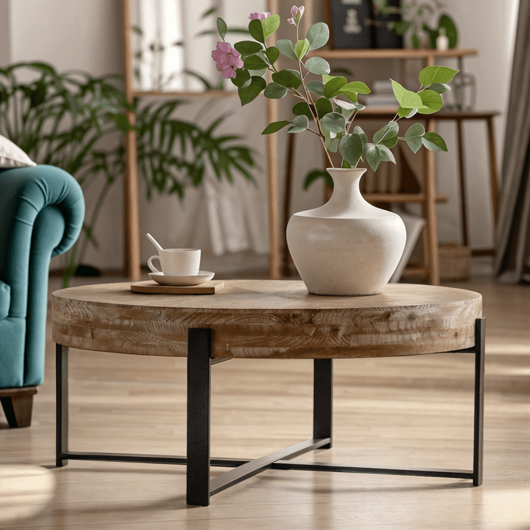 33.86 Round Coffee Table Minimalist Small Storage Table Modern Retro Splicing Design Fir Wood Table Top and Cross Legs Metal Base for Living Room Bedroom Black Natural Walmart
