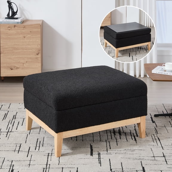 33.86"W Upholstered Wood Base Storage Ottoman With Reversible Lid Coffee Table, Foot Stool Square Footrest with Rubberwood Legs for Living Room Bedroom Entryway and Office,Black Boucle. BN.9321