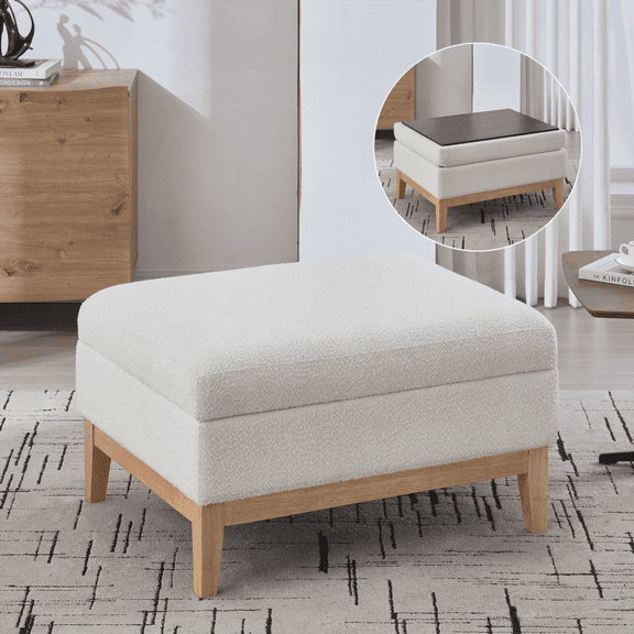 33.86"W Upholstered Wood Base Storage Ottoman with Reversible Lid | Foot Stool & Coffee Table | Rubberwood Legs for Living Room, Bedroom, Entryway & Office | Ivory Boucle