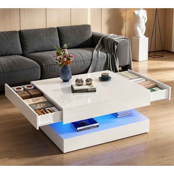 33.9" LED Coffee Table with Storage, Modern High Glossy Living Room Table with 2 Drawers, Double-Layer Design Large Square Center Table for Living Room, Home, Office, White