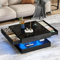 33.9" LED Coffee Table with Storage, Modern High Glossy Living Room Table w/2 Drawers,Double-Layer Design Large Square Center Table for Living Room, Home, Office, Black Marble