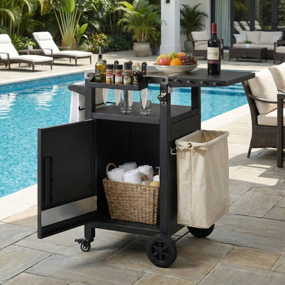 33.9" Outdoor Grill Cart with Drop Leaf, Stainless Steel Top, Storage & Wheels