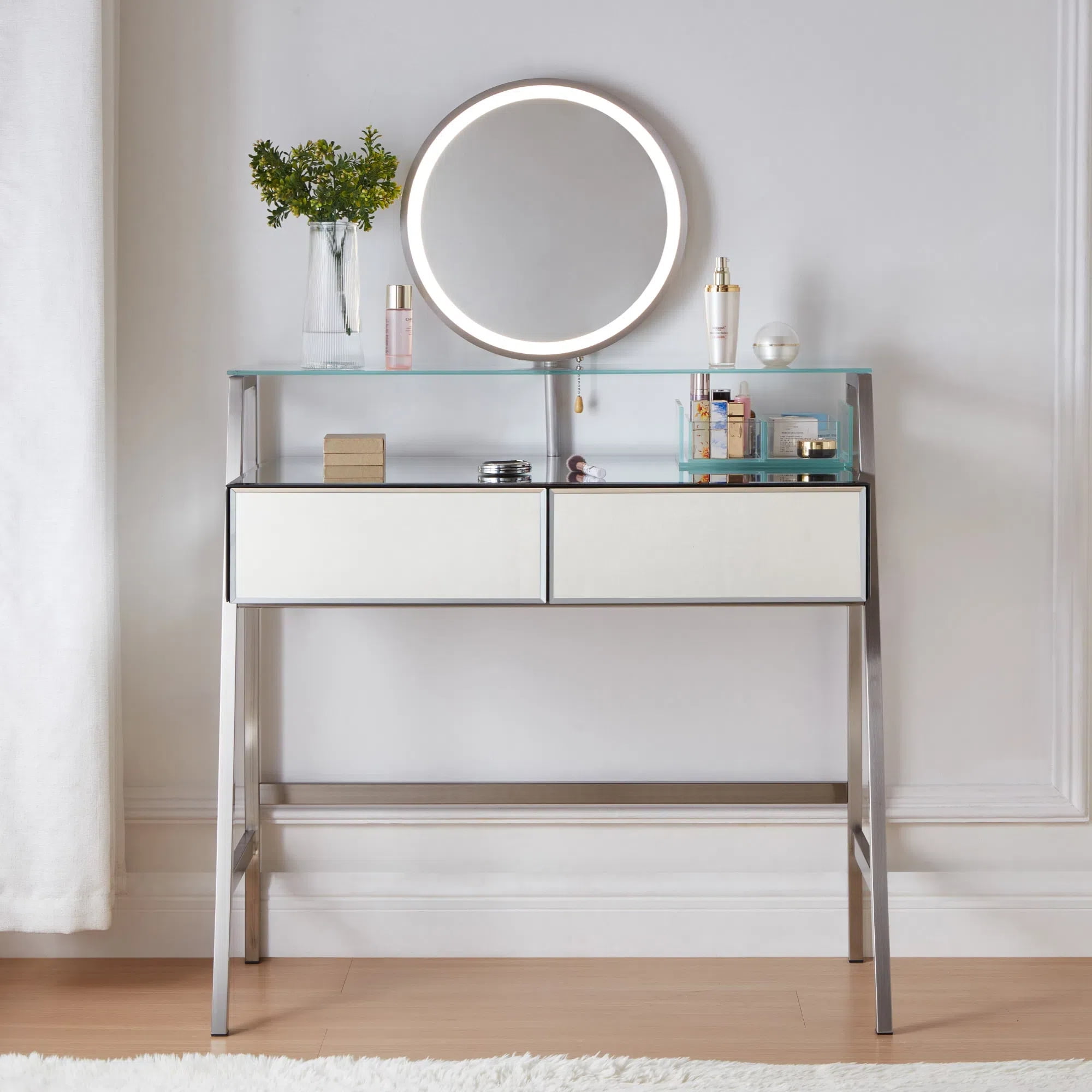 Silver Mirrored Makeup Vanity Desk with Lighted Mirror and Drawers