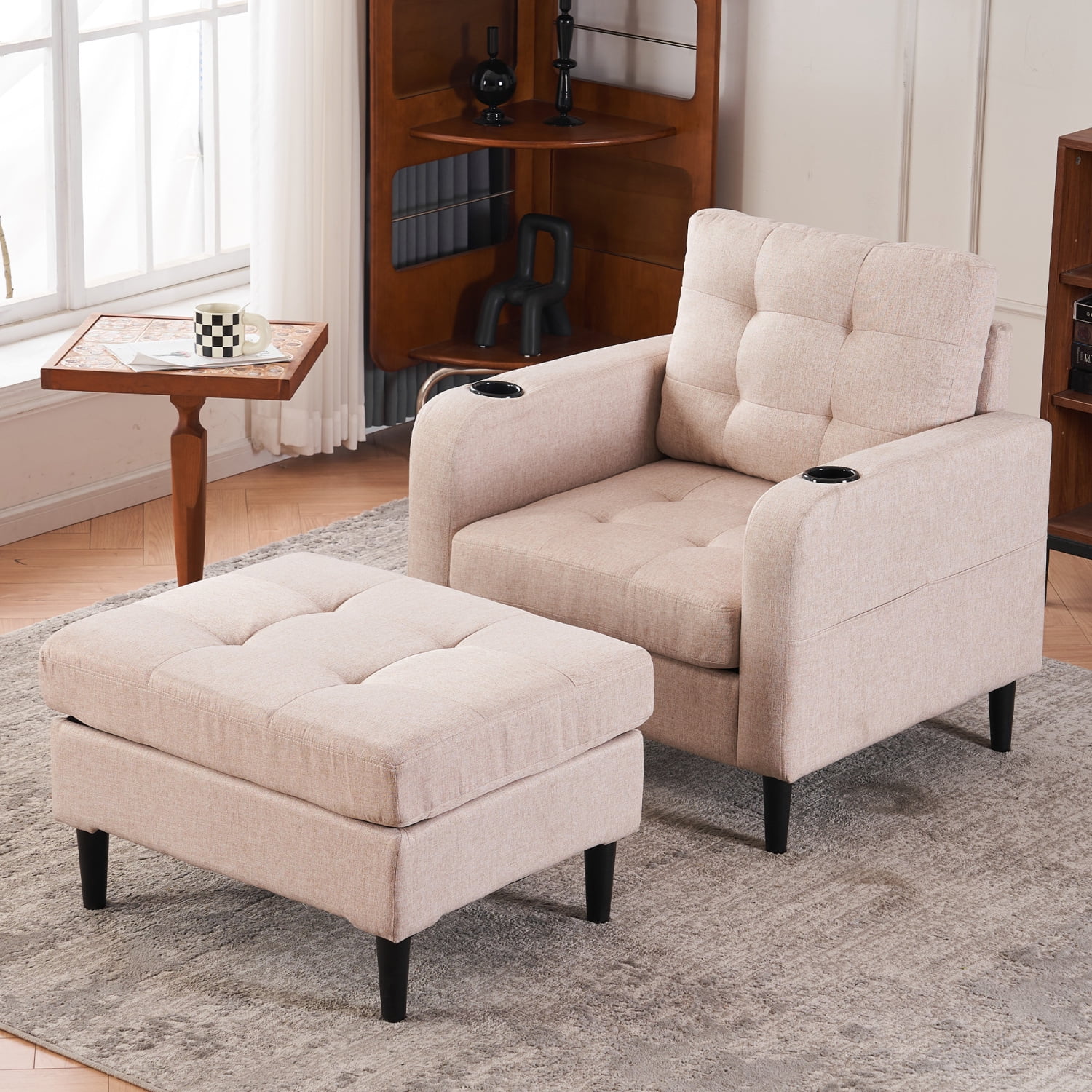 Living Room Upholstered Chair with Ottoman Set Single Sofa with Cup Holders and Ottoman Storage Beige