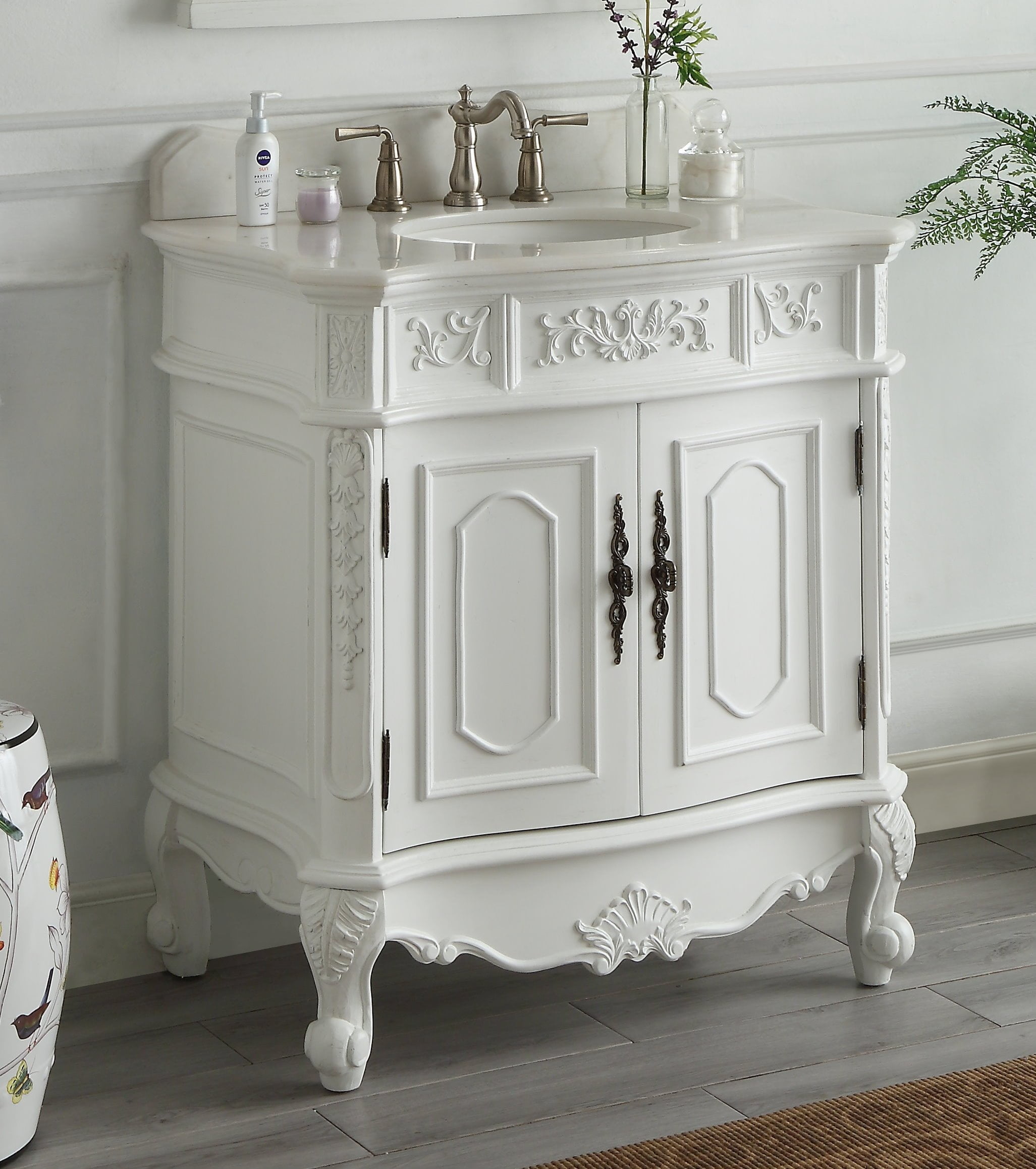 "Benton Collection 33"" Single Antique White French Bathroom Vanity HF ...