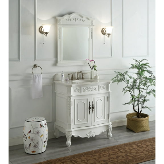 33" Benton Collection Benson Antique White Traditional Bathroom Vanity with Mirror HF-021W-AW-BS-MIR