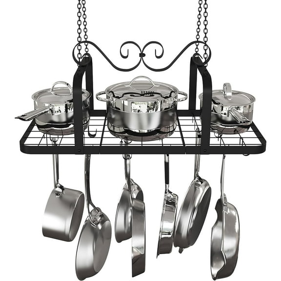 33” Black Pot Rack Hanging, Heavy Duty Metal Ceiling Pot Rack with 15 Hooks, Pot and Pan Hanging Rack Organizer for Kitchen Cookware Utensils