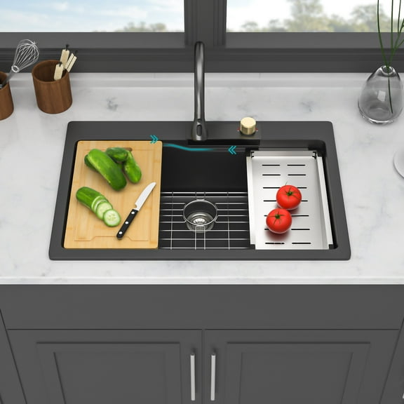 33" Black Quartz Composite Waterfall Kitchen Sink - Single Bowl Workstation Sink with Pull-Out Faucet, Cutting Board & Accessories