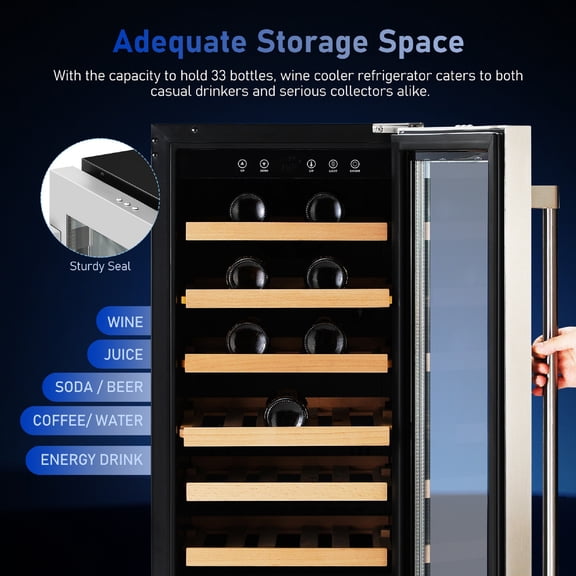 33 Bottle Freestanding Wine Cooler Refrigerator with Touch Panel Control and Glass Door, Wine Cellar for Red, White, Champagne, 41-64F