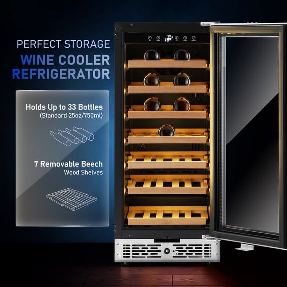 Supvox Beverage and Wine Refrigerator, 33-Bottle, Black, Sleek Glass Door, User-Friendly Control