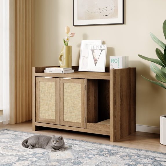 33'' Cat Litter Box Enclosure with Rattan Door,Hidden Litter Cabinet Furniture with Cat Scratch Pad for Living Room, Rustic Oak