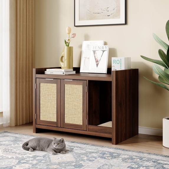 33'' Cat Litter Box Enclosure with Rattan Door,Hidden Litter Cabinet Furniture with Cat Scratch Pad for Living Room, Walnut