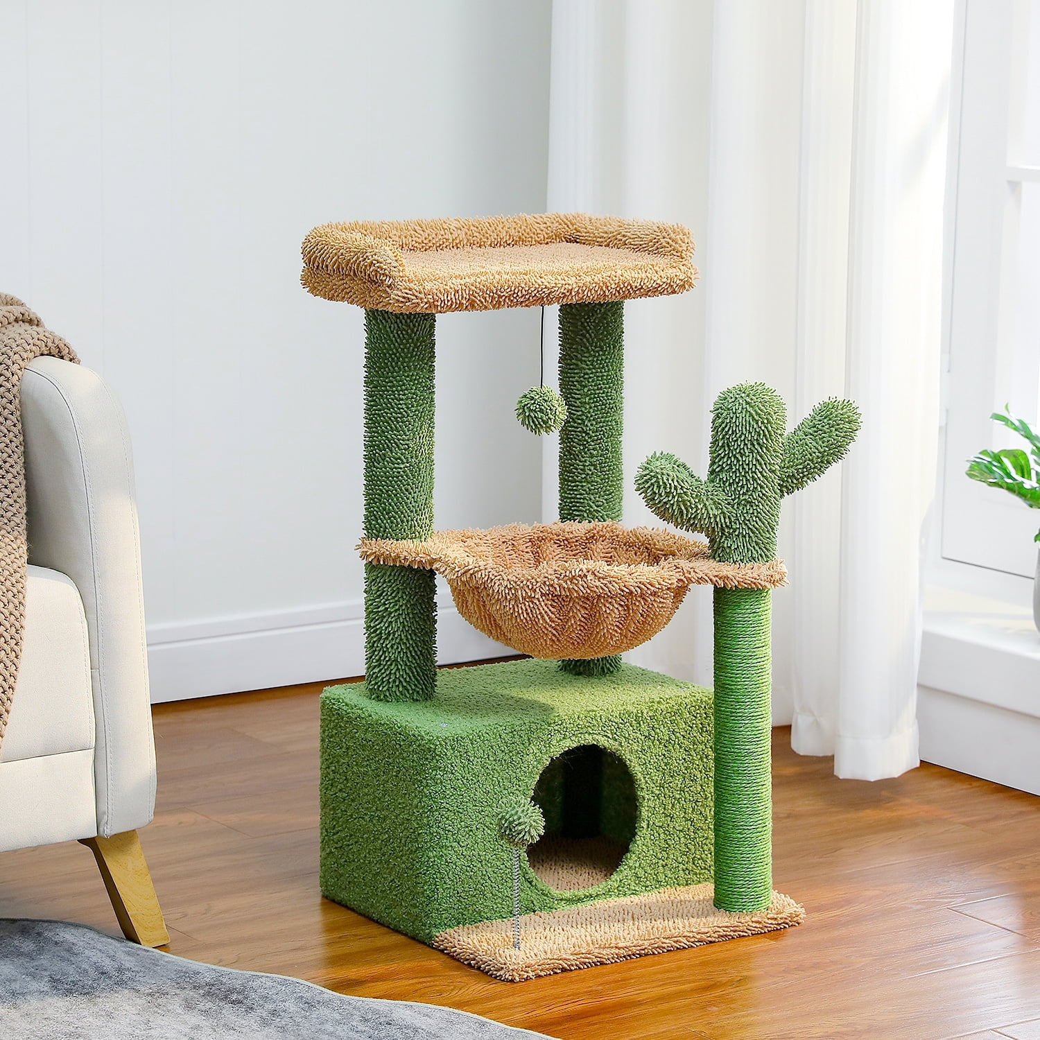 Green and Beige Multi-Level Cat Tower with Hammock and Condo