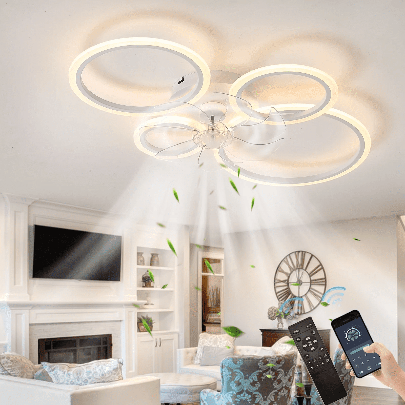 33'' Ceiling Fan with Light and Remote Control ，Low-Profile Modern Flush Mount Installation, Dimmable with 6 Speed Options for Bedrooms, Living Rooms, Dining Rooms, and Kitchens