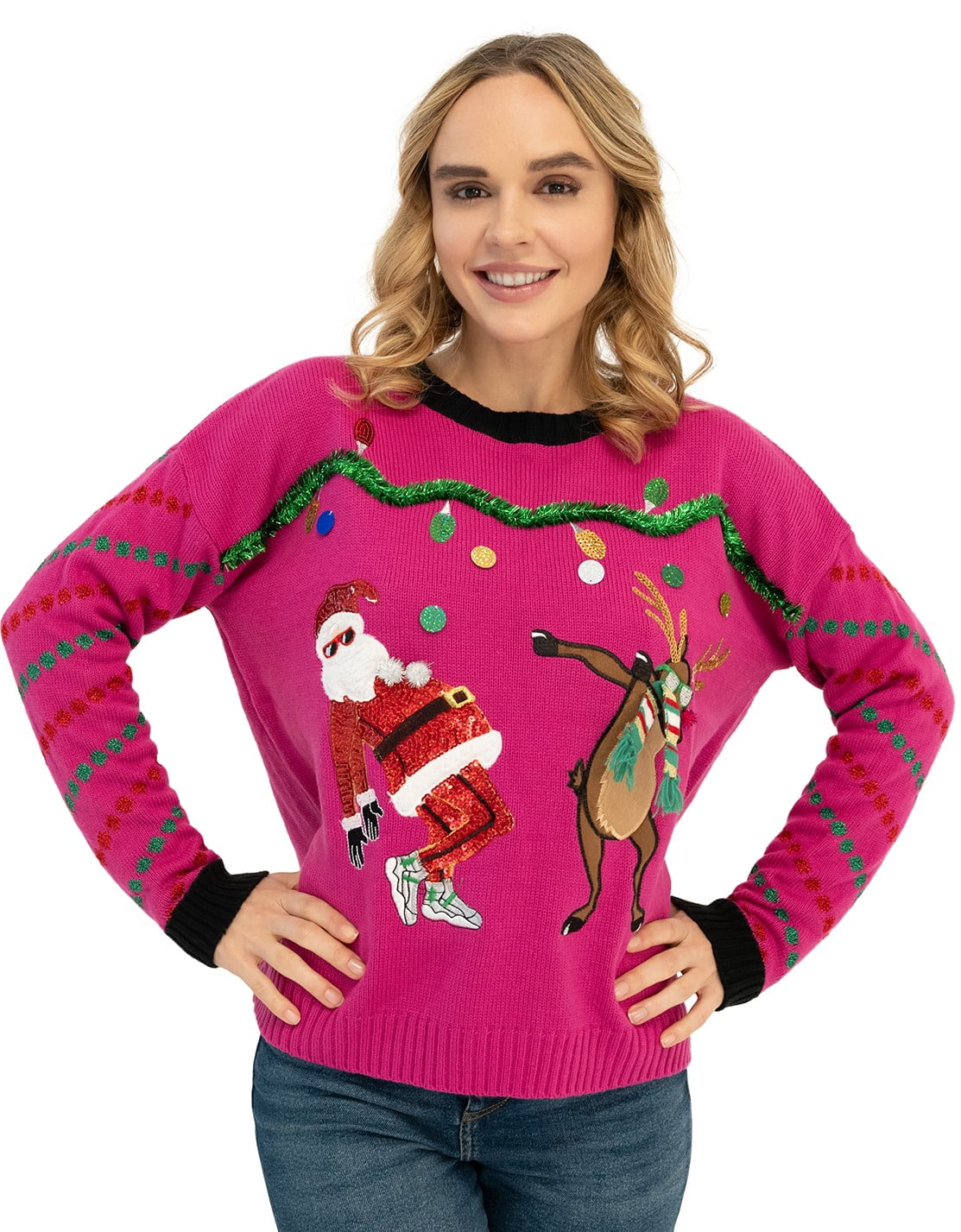 33 Degrees Women's Dancing Santa and Reindeer Ugly Christmas Sweater ...