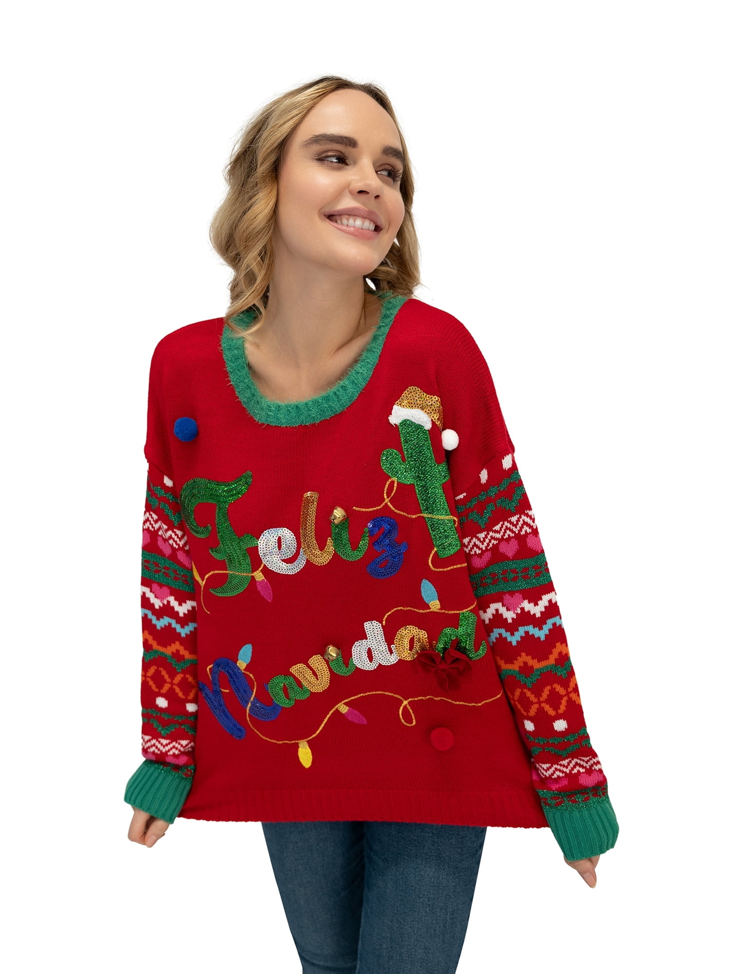 33 Degrees Women's Feliz Navidad Sequin Christmas Sweater, Sizes XS-XXL ...