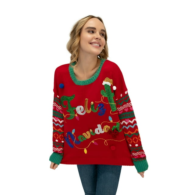 33 Degrees Women's Feliz Navidad Sequin Christmas Sweater - Walmart.com