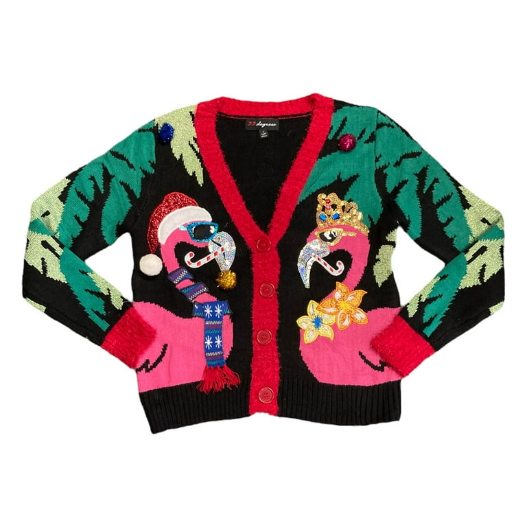 33 Degrees Women s Ugly Christmas Sweater Knit V Neck Button Down Cardigan Black Flamingos S